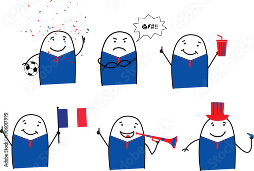 Minimalist doodle France soccer fans in five poses happy sad holding popcorn waving France flag blowing horn and cheering with whistle