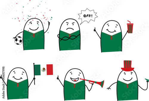 Minimalist doodle Mexico soccer fans in five poses happy sad holding popcorn waving Mexico flag blowing horn and cheering with whistle