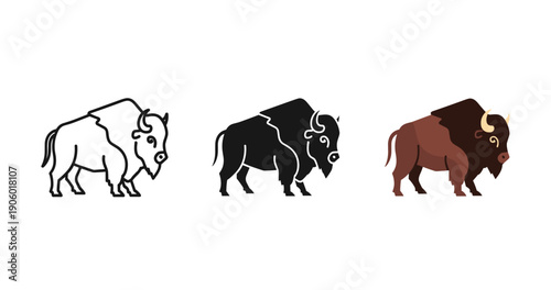 Trio of bison icons: white, black, and brown silhouettes