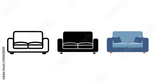 Sofa icon set: outline, solid, and colored blue couch designs