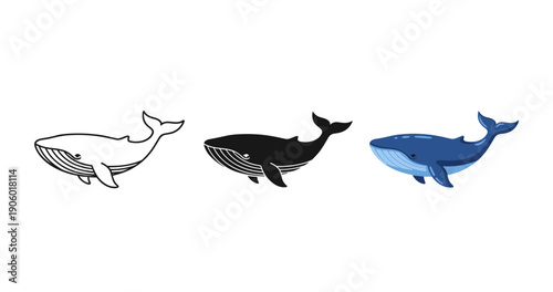 Blue whale illustrations in line art, silhouette, and color variations
