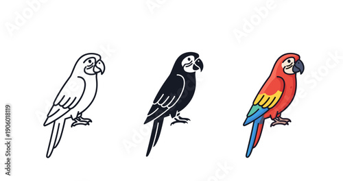Three parrot illustrations: outline, silhouette, and colorful scarlet macaw