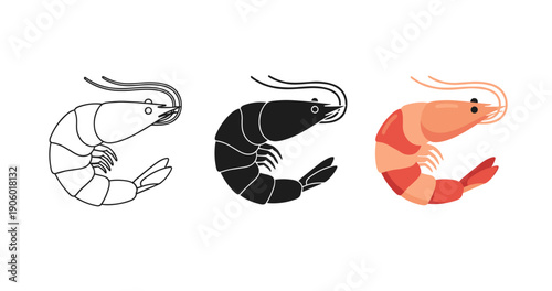 Trio of shrimp illustrations in diverse styles and colors