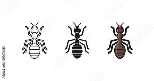 Three stylized ant illustrations in black and white, color, and minimalist designs