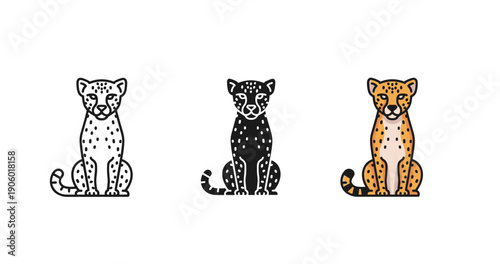 Stylized cheetahs: black and white, black, and color variants sitting