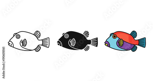 Fish illustration stages: outline, silhouette, and full color