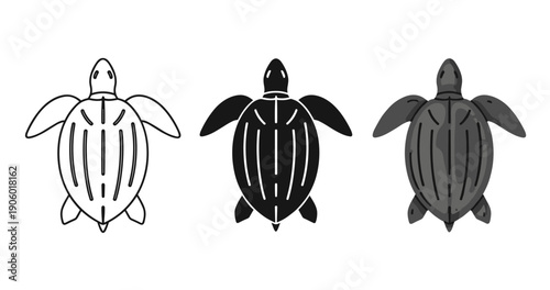 Three illustrations of sea turtles in black, white, and gray on white background