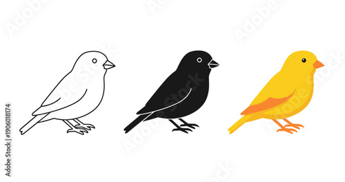 Trio of bird silhouettes: outline, black, and yellow illustrations