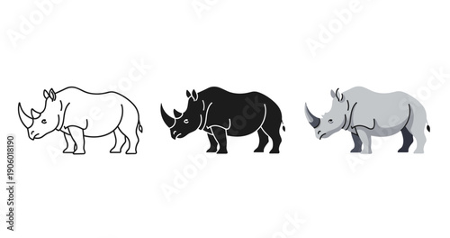 Three stylized rhino illustrations in black, white, and gray