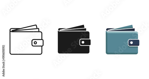 Set of wallet icons: outline, solid, and colorful designs on white background