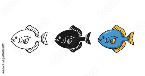Illustration of fish in black, white, and blue variations on white background