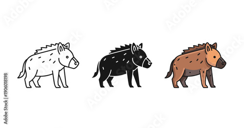 Set of cute cartoon hyenas in various colors on white background