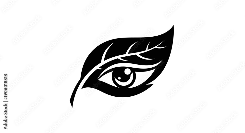 Obraz premium Abstract Black Leaf with an Eye Symbolizing Nature Vision, Isolated White Background