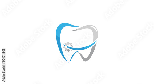 Stylized Dental Tooth with Internal Gears Logo Design on Isolated White Background, Modern Dentistry Technology Vector Icon
