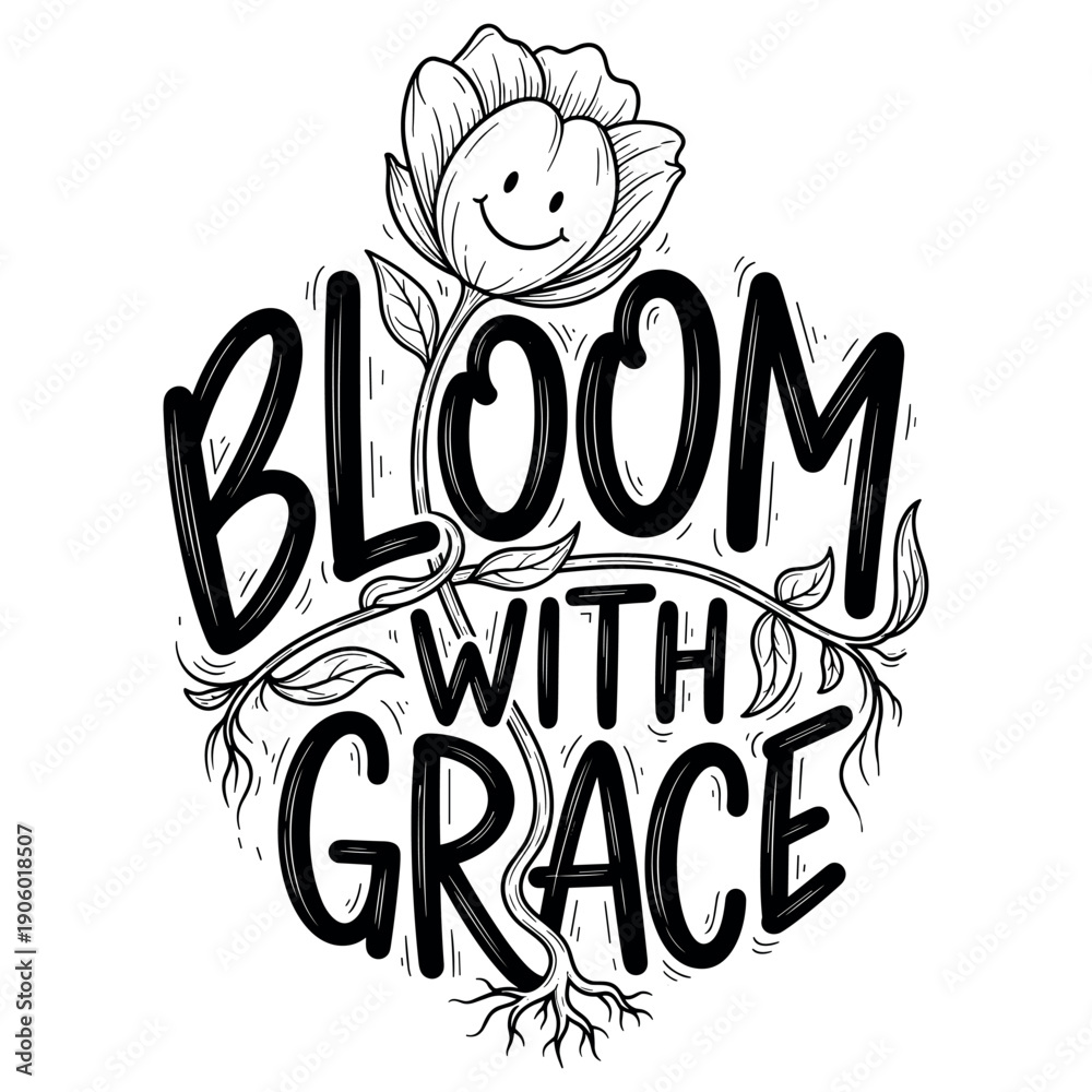 Naklejka premium Inspirational flower design with smiling face and 'bloom with grace' text