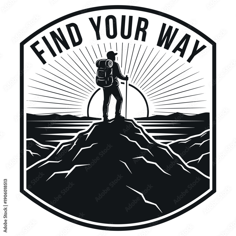 Naklejka premium Silhouette of male hiker on mountain peak at sunrise with inspiring quote