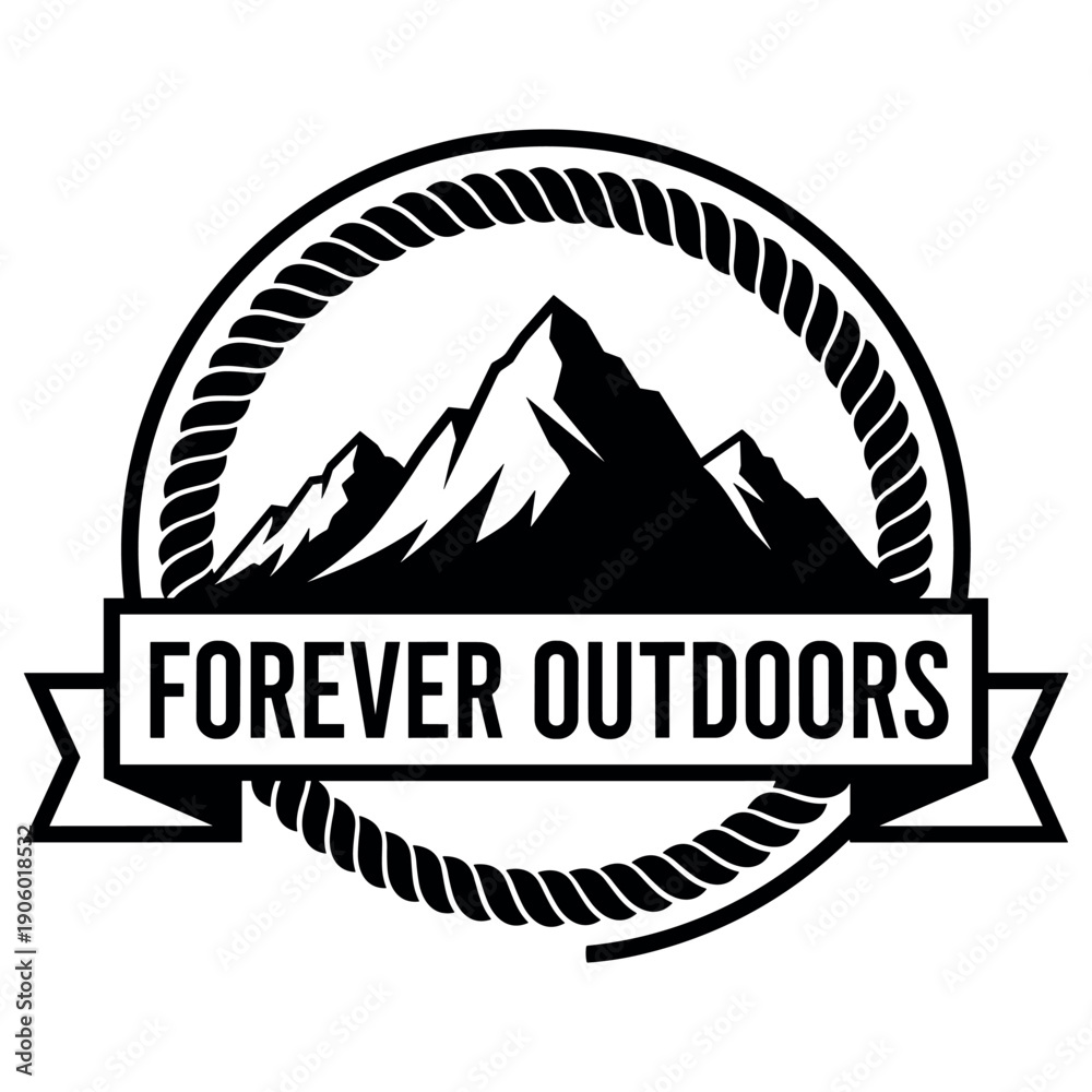 Naklejka premium Mountain logo with rope border and 'forever outdoors' banner
