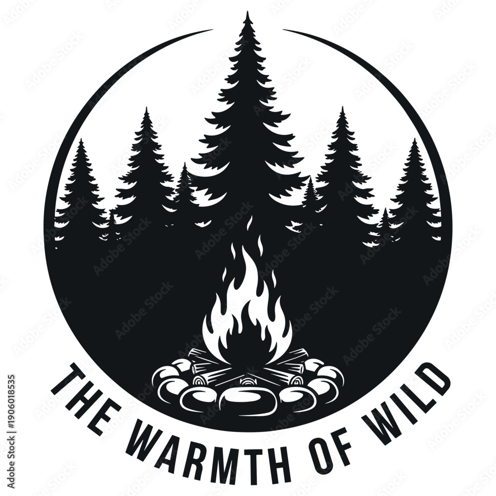 Naklejka premium Monochrome forest camping scene with campfire and pine trees