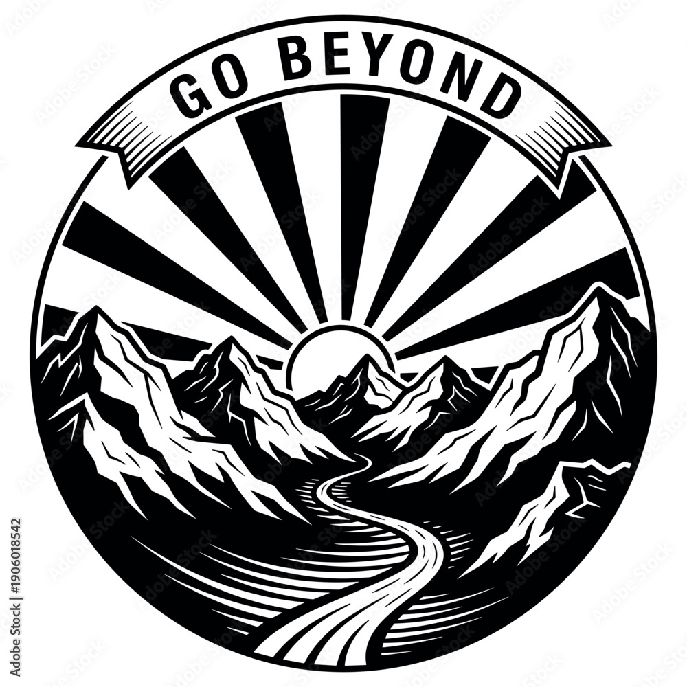 Naklejka premium Go beyond: black and white mountain landscape with sunrise and road