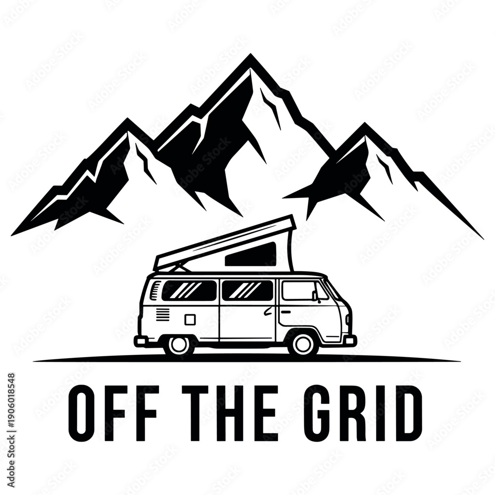 Naklejka premium Camper van with mountain background and off the grid theme