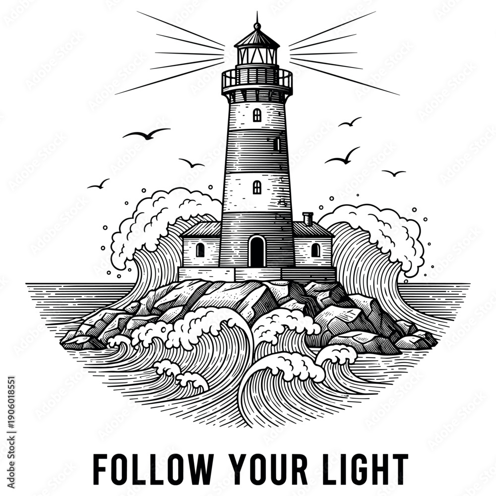 Naklejka premium Monochrome lighthouse on rocky shore with ocean waves and inspirational message
