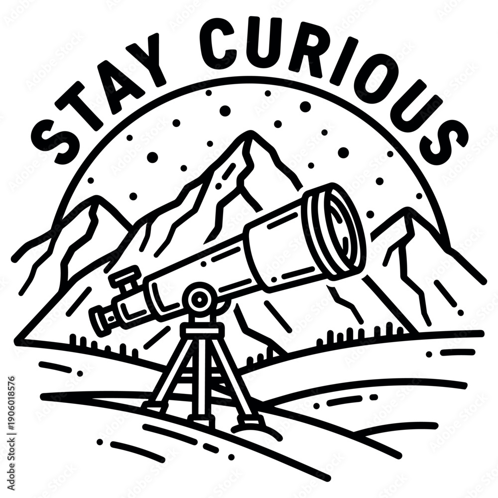 Naklejka premium Mountain stargazing emblem with telescope and inspirational message