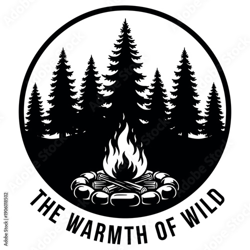 Campfire amidst pine trees emblem with "the warmth of wild" text