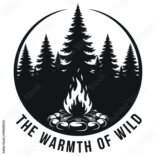 Monochrome forest camping scene with campfire and pine trees