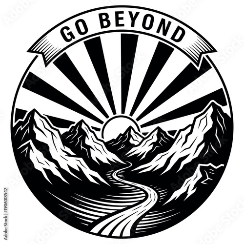 Go beyond: black and white mountain landscape with sunrise and road