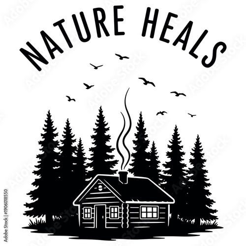 Nature heals: serene cabin among evergreen trees with birds soaring