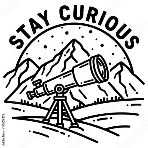 Mountain stargazing emblem with telescope and inspirational message