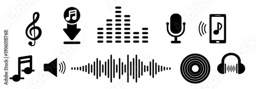 music. treble clef. microphone. wave.  stave. speaker. headphone. telephone. melody. record. musical notes isolated on white background. Signs of musical notation. Vector sign for illustration.