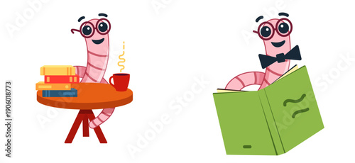 Cute Bookworm in glasses on stack of books. cartoon character worm. Vector illustration in flat style.