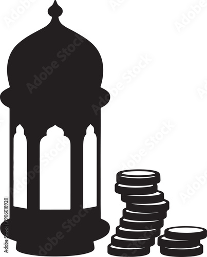 Islamic lantern illustration with stacked coins, symbolizing ramadan generosity and financial contribution through charity and giving