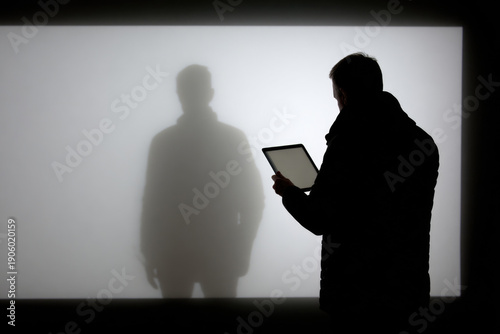 A man with a tablet observes his own shadow on the wall. Space for text.