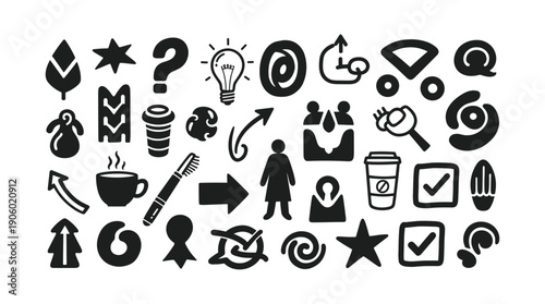 A Variety of Black and White Hand- Drawn Icons and Symbols on a White Background