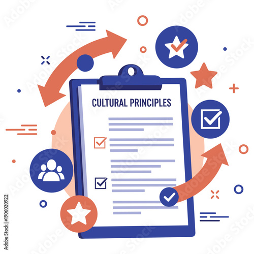 Cultural principles checklist with icons and arrows