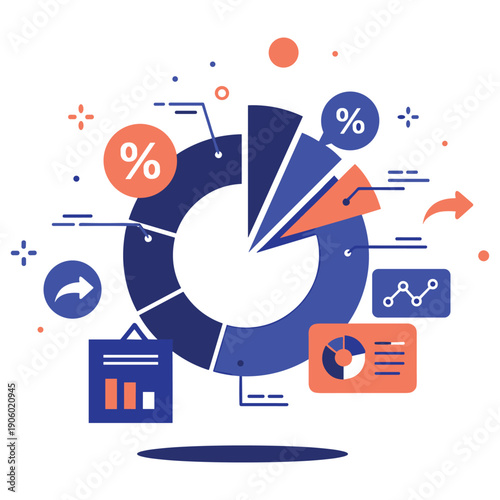 Colorful infographic of pie chart with data analysis icons in blue and orange
