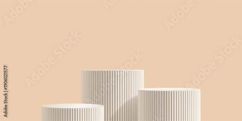 3d podium beige bg, product sale platform. Elegant premium white marble pedestal for cosmetic skincare ads. Three level stand in gradient mockup, cylinder empty abstract base. Minimal textured stair
