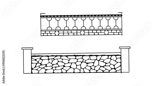 CAD Texture Drawings, stone wall  top and side view patterns, Stone, Gravel, and Pebble Section Pattern Outline Vector for Architectural Material Design
