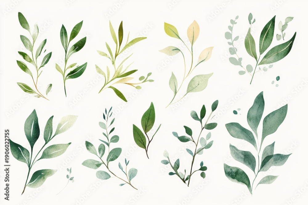 Fototapeta premium Botanical design elements featuring watercolor foliage set for decoration and creativity