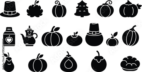 Thanksgiving Silhouette Icon Set with Seasonal Symbols. Decorative Graphics for Holiday Design Projects. Autumn Feast Concept