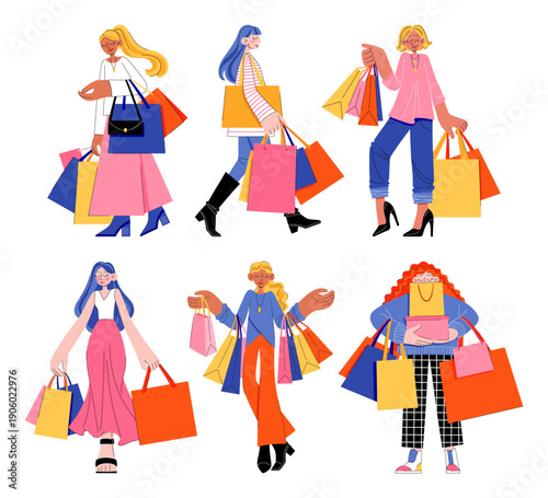 Set of Women with Purchases in Paper Shopping Bags