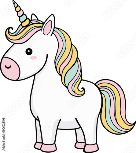 Majestic white unicorn with a rainbow mane, whimsical minimalist vector illustration