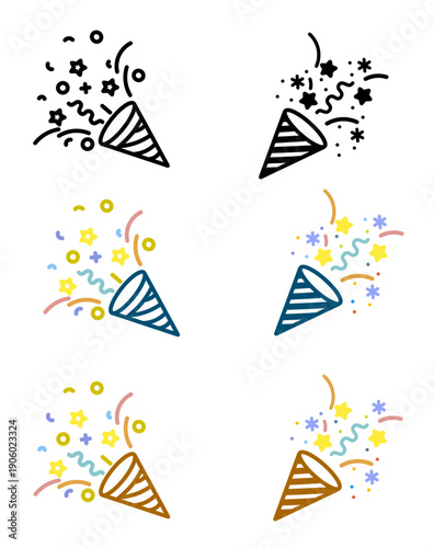 Vector illustration of party popper icons with colorful confetti bursts for celebration, birthdays, and special event designs