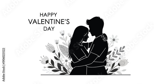 Romantic couple embracing with floral decorations valentine s day silhouette