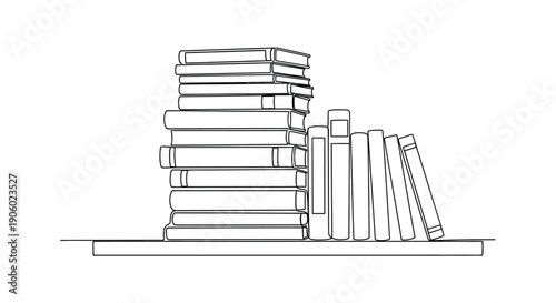 A stack of books and leaning volumes outlined in black silhouette