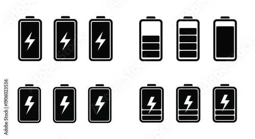 Battery charge levels ranging from full to empty black silhouette