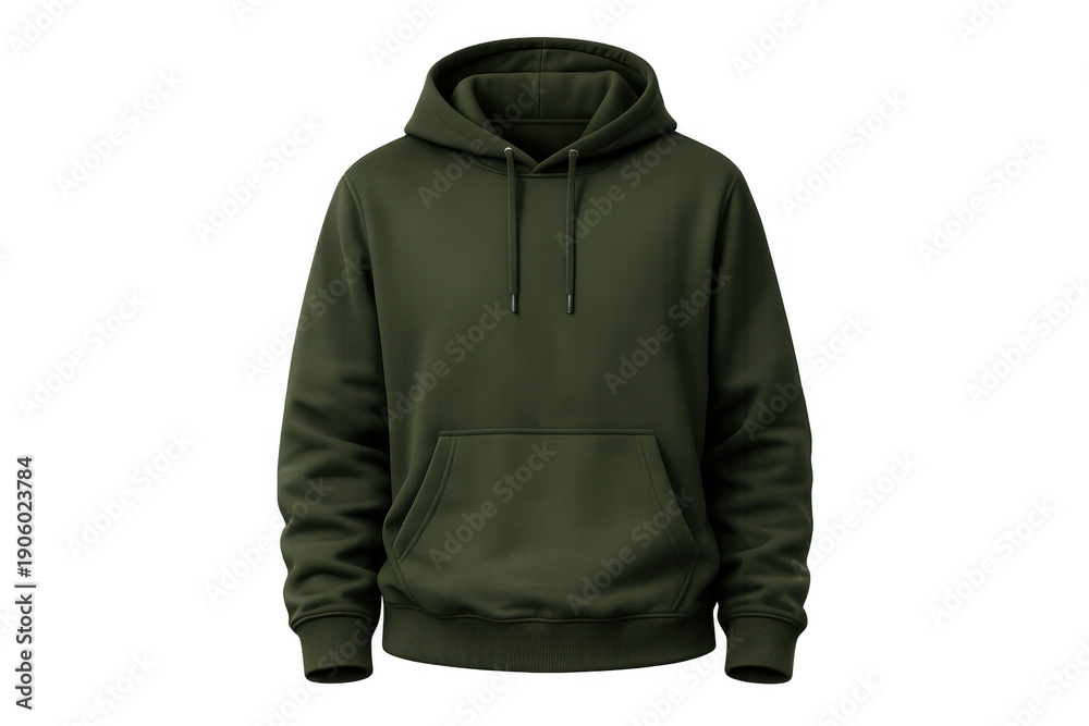 Naklejka premium Olive green men's pullover hoodie mockup presenting blank apparel for design template, casual fashion, and streetwear branding