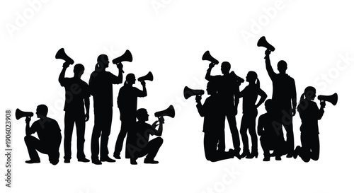 Crowd cheering with megaphones a striking black silhouette